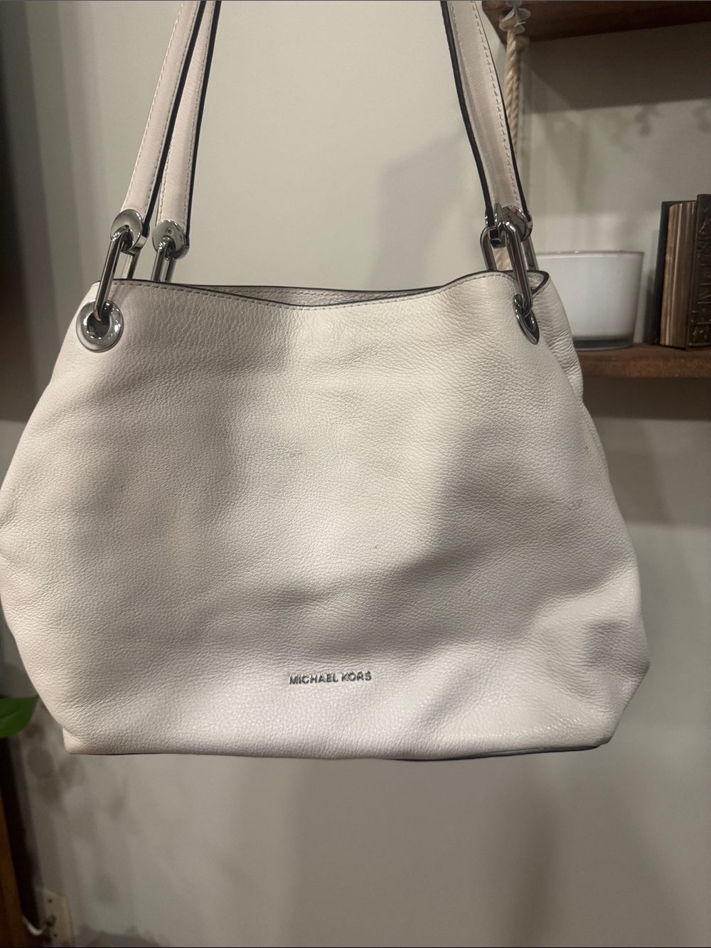 Michael Kors Pebbled Leather Shoulder Tote in White with Silver Hardware